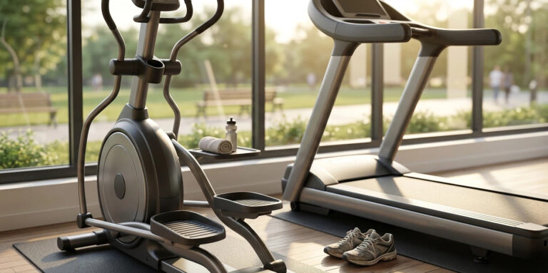 Alt: A professional comparison of an elliptical trainer and a treadmill in a modern home gym setting, illustrating the choice between elliptical vs running for cardiovascular fitness.