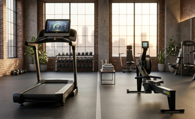 A high-quality photo inside a modern gym comparing a professional treadmill and a concept2 rowing machine side by side for calorie burning.