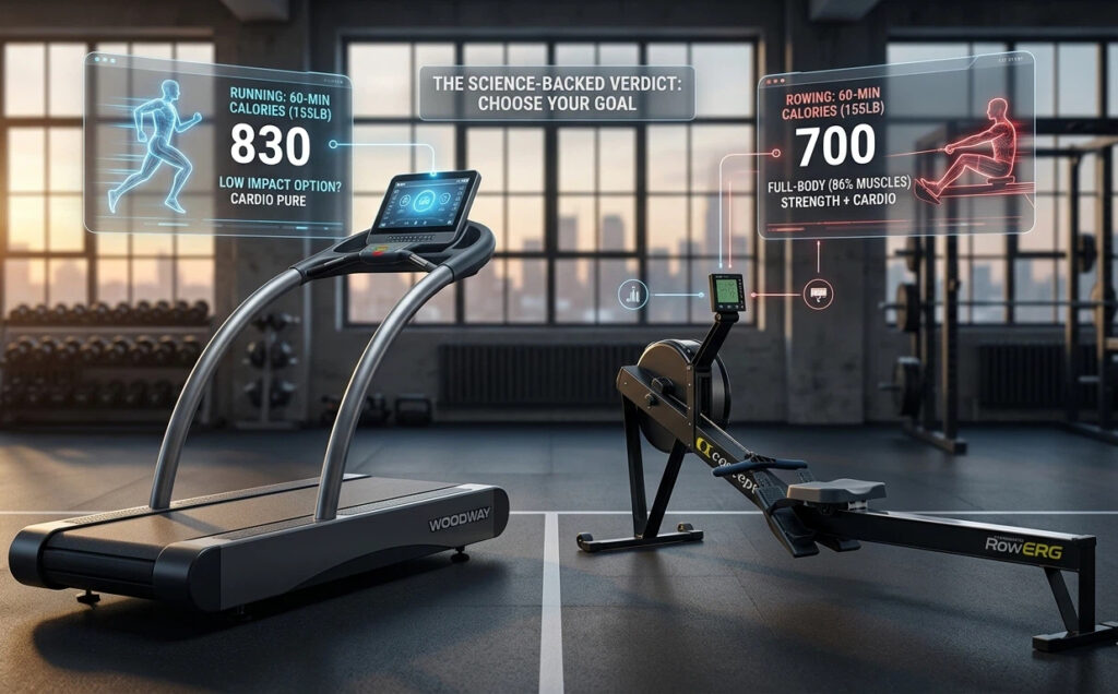 An infographic inside a gym setting comparing running vs. rowing calories, showing hourly burn data for a 155lb person and highlights of muscle engagement.
