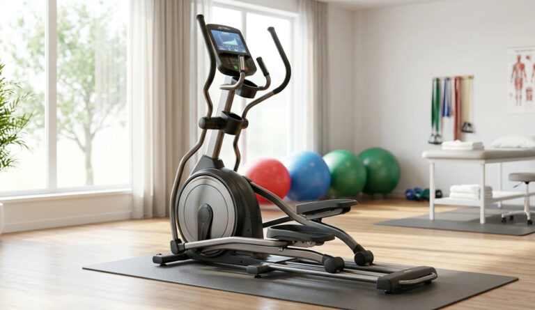 High-end realistic photograph of a modern elliptical trainer in a professional physical therapy clinic. The digital interface displays a colorful workout progress chart. The background is clean with a blurred stack of colorful therapy balls and a treatment table, creating a professional, clean, and motivating clinical environment. No text.