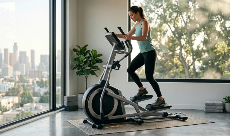 A professional front-drive elliptical machine with a sleek design being used in a minimalist urban apartment with a city view, demonstrating compact footprint and quiet magnetic resistance.