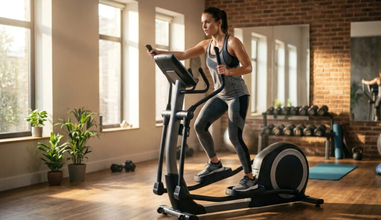 A fit woman performing an intense HIIT workout on a modern elliptical machine in a sunlit home gym, representing fat burning efficiency.