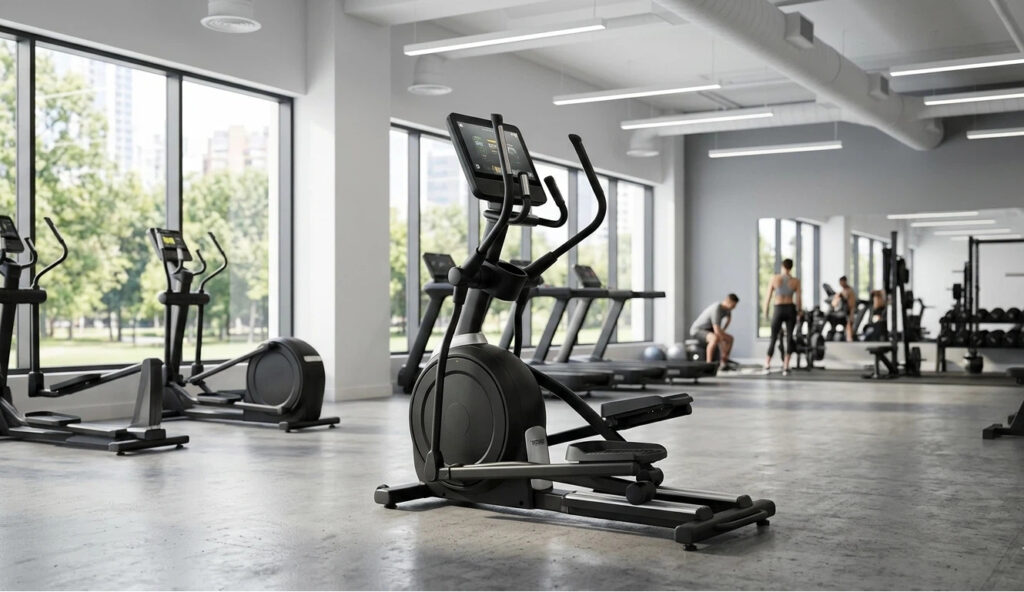 A high-end minimalist elliptical machine in a modern, sunlit commercial gym, highlighting full-body workout equipment