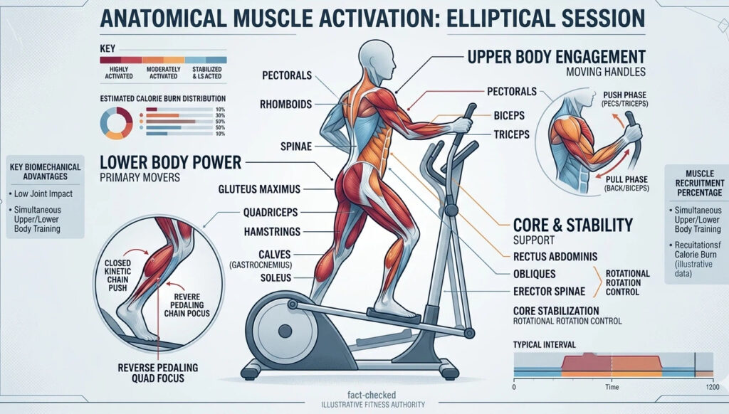 Anatomical diagram and infographic showing muscles activated during an elliptical session, including Glutes, Quads, Hamstrings, Pectorals, and Core. Features biomechanical advantages and muscle recruitment data.