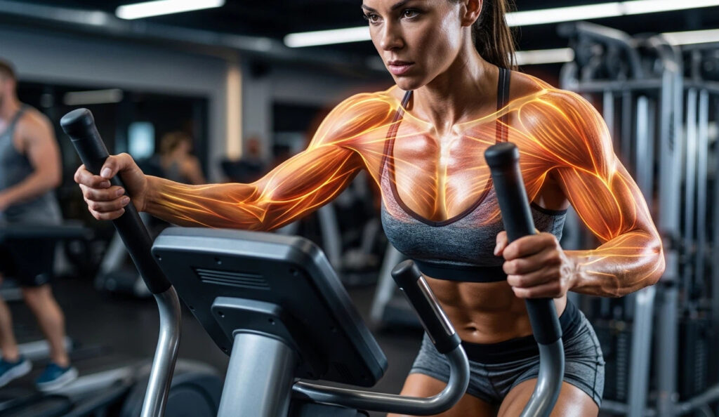 A 3D anatomical diagram illustrating the main muscles worked by elliptical training, with glowing orange glutes, quads, and hamstrings, and subtle core/upper body engagement.