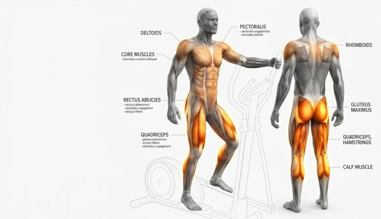 A 3D anatomical diagram illustrating the main muscles worked by elliptical training, with glowing orange glutes, quads, and hamstrings, and subtle core/upper body engagement.