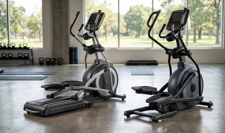 A realistic side-by-side photograph of a front drive vs rear drive elliptical in a high-end commercial gym setting.