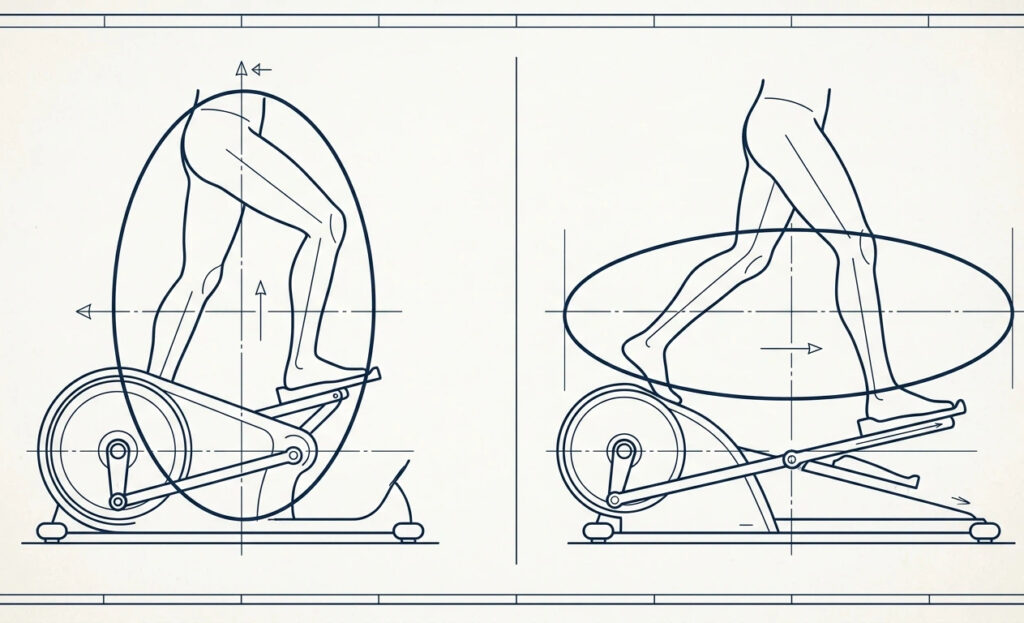 Technical 2D diagram comparing front drive vs rear drive elliptical stride paths: showing the vertical circular motion of front-drive vs the flatter, elongated running gait of rear-drive mechanics.