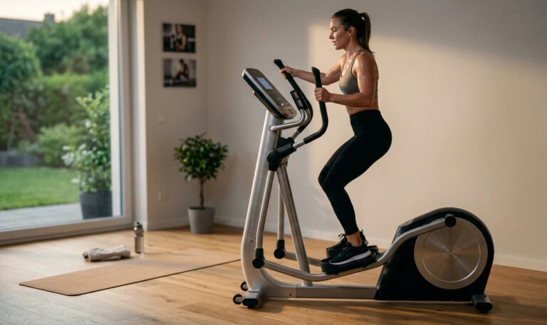 A high-intensity elliptical workout session for weight loss, featuring a woman in athletic wear focusing on core engagement and high resistance to target belly fat loss in a home gym setting.
