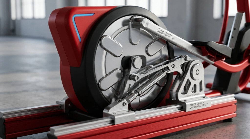 Close-up of a high-end adjustable elliptical stride length mechanism with precision calibration from 18 to 22 inches for ergonomic home fitness.