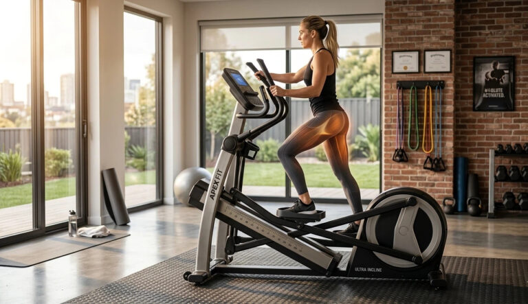 A professional woman exercising on an adjustable incline elliptical set at a high ramp angle, with glowing highlights illustrating targeted engagement of the glutes and hamstrings.