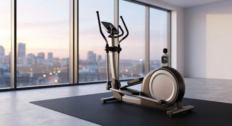 A realistic interior photograph of a sleek silver magnetic resistance elliptical trainer positioned on a black rubber equipment mat inside a modern minimalist apartment. A digital decibel meter resting on the console clearly displays a low reading of 34 dB, while large floor-to-ceiling windows in the background reveal a quiet city sunrise.