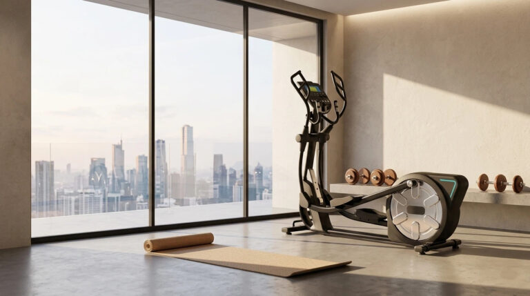 A premium rear-drive elliptical machine in a modern minimalist home gym with a city view, showcasing ergonomic design for home fitness.