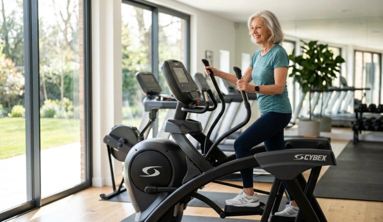 An active senior woman in her 70s confidently using a safe elliptical machine for elderly cardio. She is maintaining an upright posture and using moving handles for balance in a bright, modern gym.