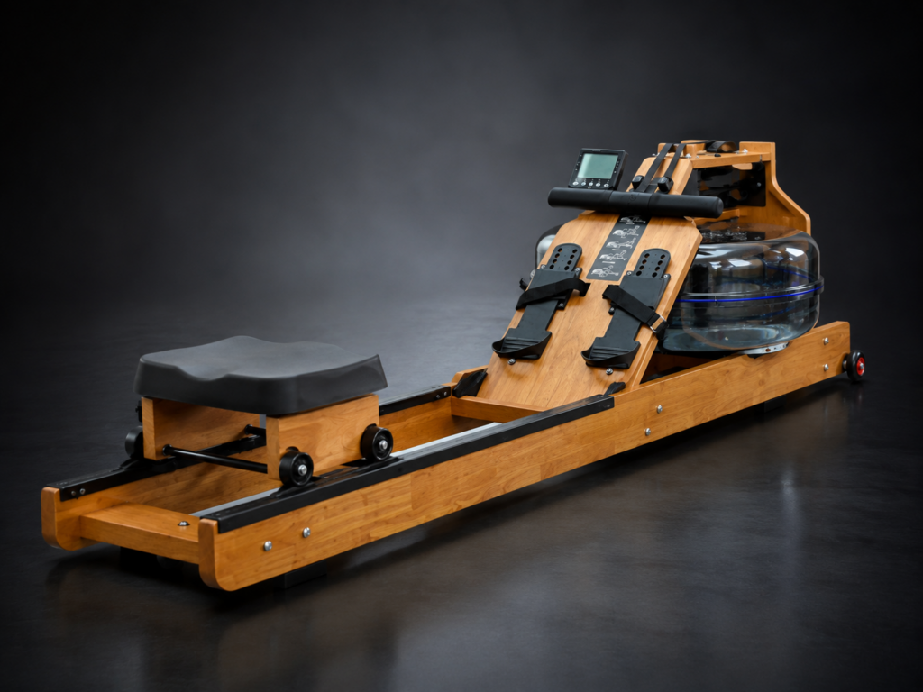 7200 Water Rowing Machine side angle product image showing wooden frame, water tank, monitor, footrests, sliding seat, and smooth water resistance design