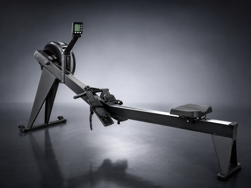 Air rower product showcase featuring a black rowing machine with flywheel fan, monitor, sliding seat, and footrests in a premium studio setting