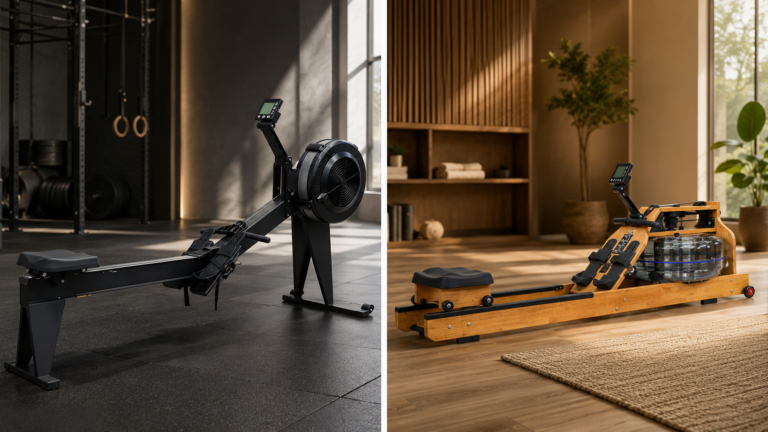 Air rowing machine vs water rowing machine cover image showing an air rower in a gym and a water rower in a home fitness space