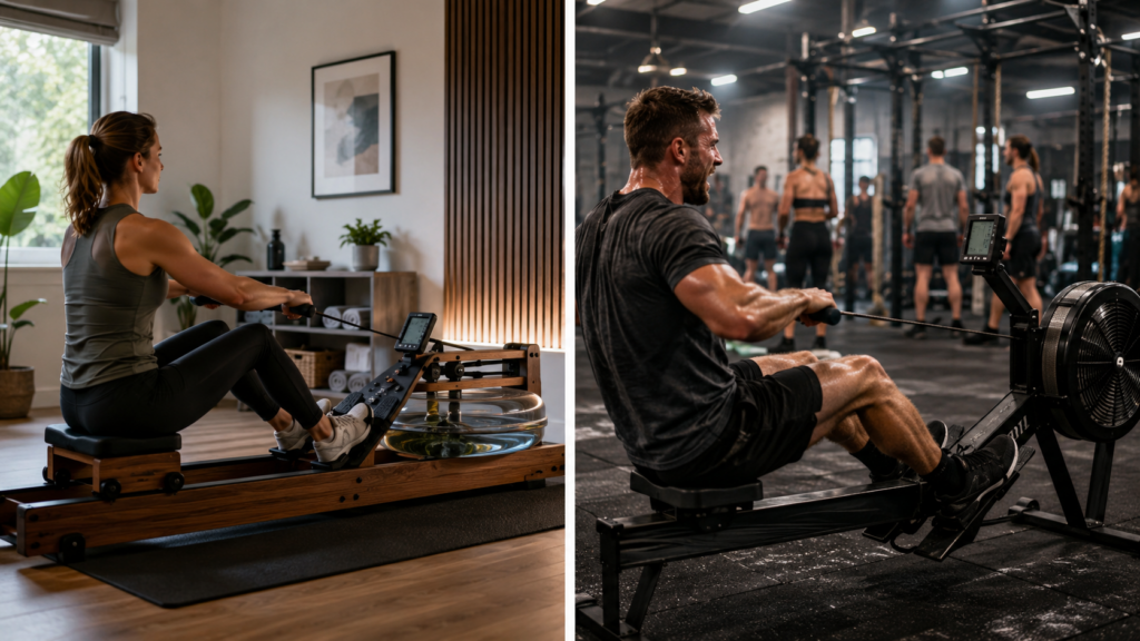 Air rowing machine vs water rowing machine comparison showing a water rower in a quiet home gym and an air rower in a commercial gym training area
