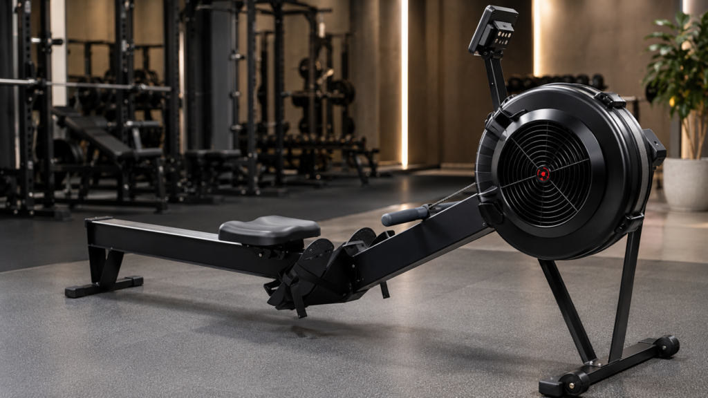Commercial rowing machine with durable frame seat rail footrests resistance housing and monitor