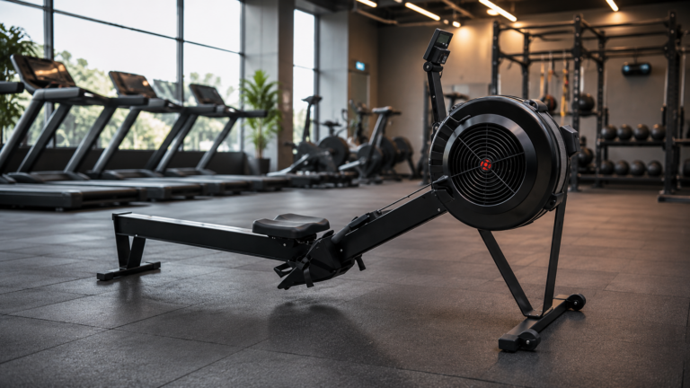Commercial rowing machine in a modern gym cardio area