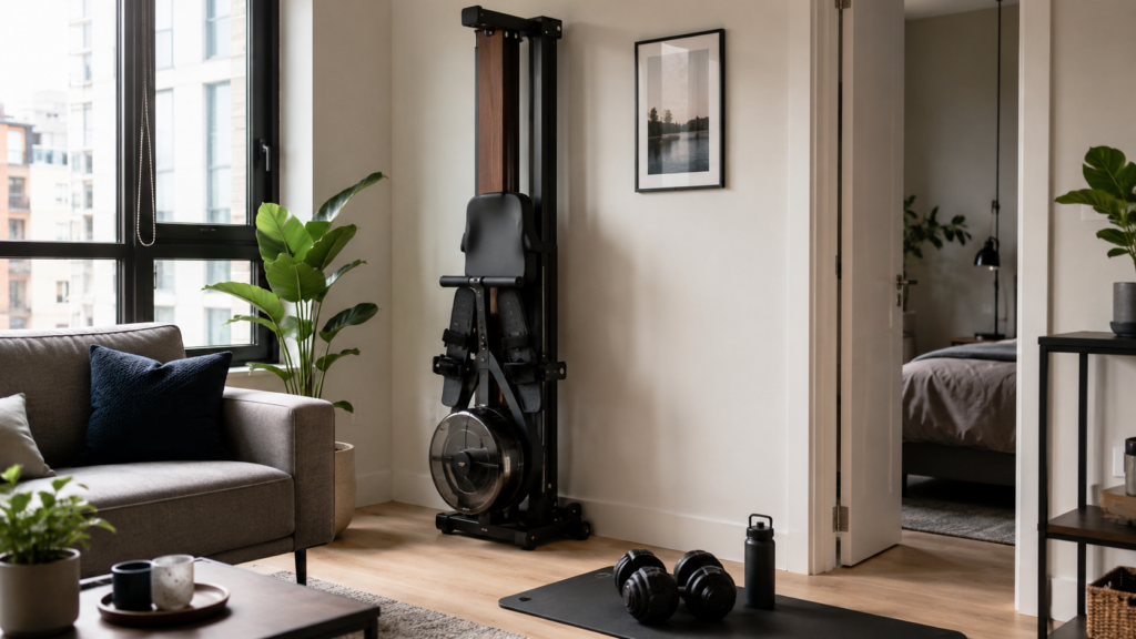 Compact rowing machine stored upright in a small apartment home gym beside a sofa and workout mat, showing space-saving home cardio equipment for modern fitness trends