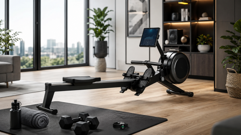 Home cardio equipment trends cover image showing a modern home gym with a rowing machine, smart fitness monitor, workout mat, dumbbells, and wearable device
