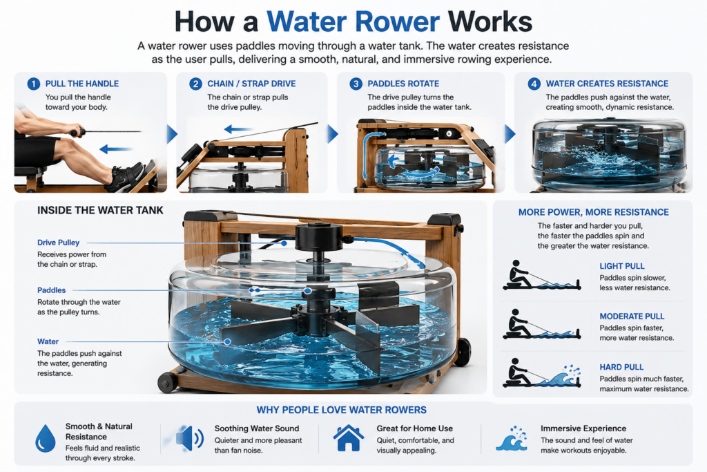 How a water rower works showing handle pull, chain or strap drive, rotating paddles, water tank resistance, and stronger resistance with harder pulls
