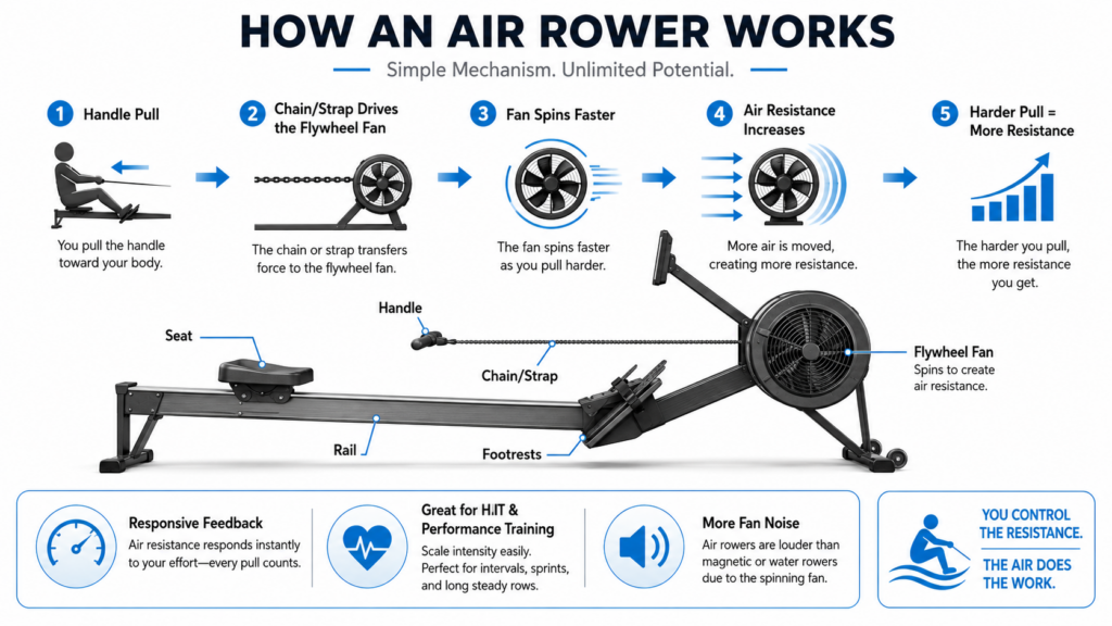 How an air rower works showing handle pull, chain or strap drive, flywheel fan, increasing air resistance, and harder pull creating more resistance