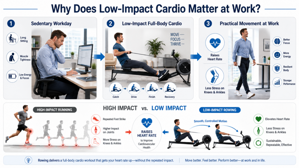 Infographic explaining why low-impact cardio matters at work, comparing rowing with high-impact running for office wellness