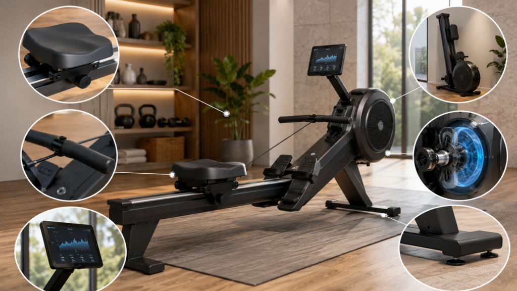Rowing machine buying checklist showing seat comfort, handle grip, resistance system, monitor data, storage footprint, and frame stability for home gym equipment