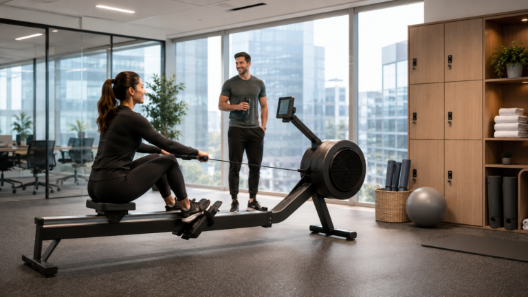 Rowing machine for office gyms in a modern employee wellness space