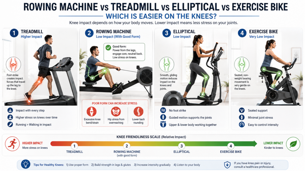 Rowing machine vs treadmill vs elliptical knee impact comparison with exercise bike